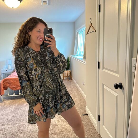 Free People Green Floral Lace Front Long Sleeve Mini Dress Small - Picture 4 of 14